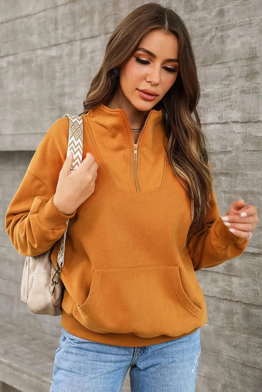 Casual Pocketed Quarter Zip Sweatshirt with Dropped Shoulders