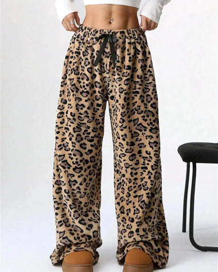 Pantalones anchos de felpa con estampado de leopardo