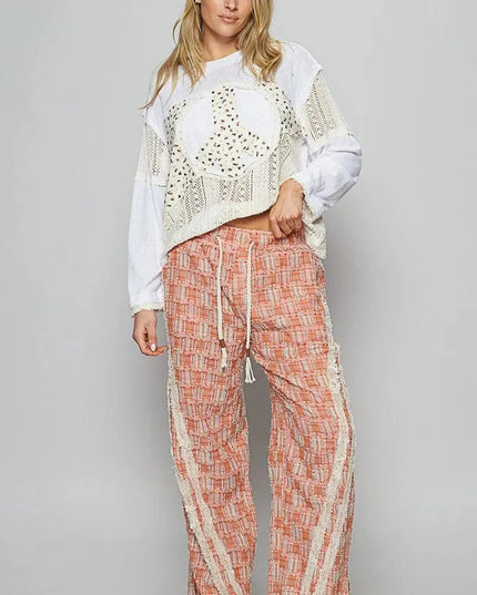 POL Lace Trim Drawstring Checkered Wide Leg Pants