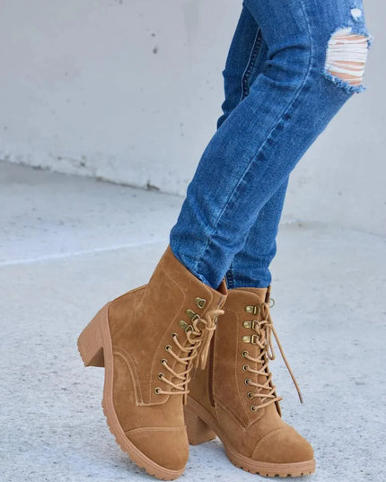 Forever Link Lace-Up Zipper Detail Block Heel Boots - ShopEasier