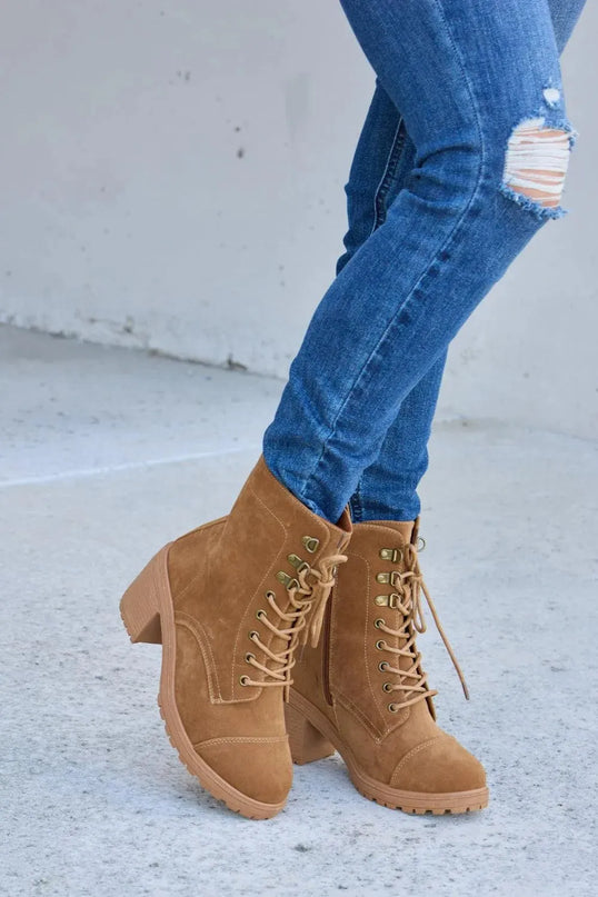 Forever Link Lace-Up Zipper Detail Block Heel Boots - ShopEasier