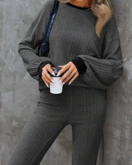 Contrast Round Neck Long Sleeve Top and Bootcut Pants Set