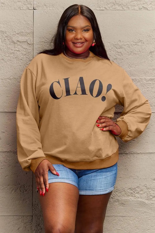 Simply Love Full Size CIAO！Round Neck Sweatshirt - ShopEasier