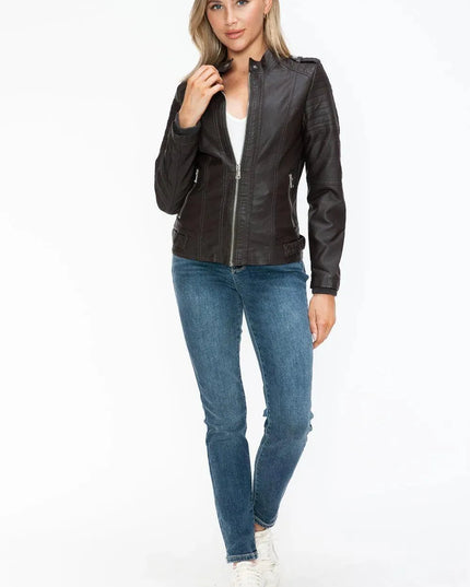 Snobbish PU Leather Biker Jacket with Side Zip Pockets - ShopEasier