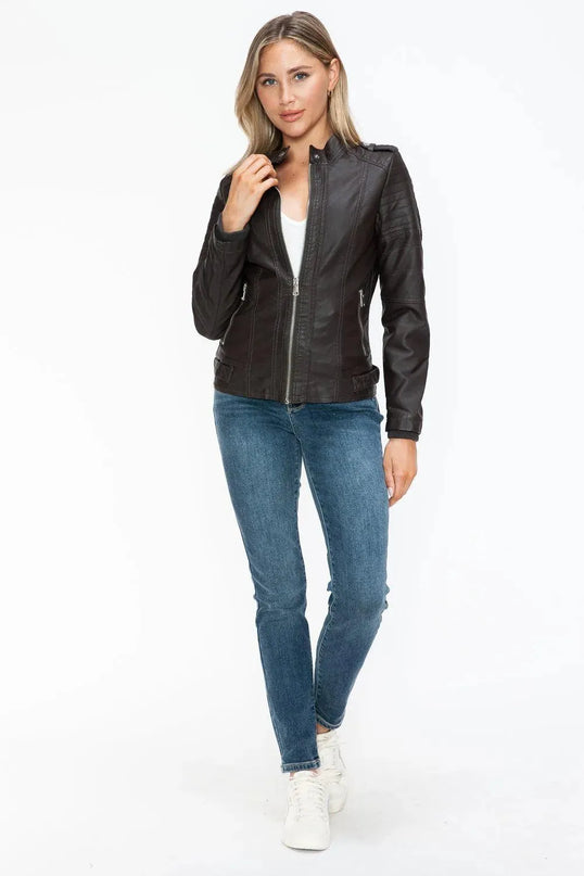 Snobbish PU Leather Biker Jacket with Side Zip Pockets - ShopEasier