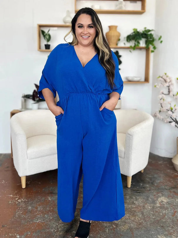 Double Take Full Size Surplice Wide Leg Jumpsuit with Pockets - ShopEasier