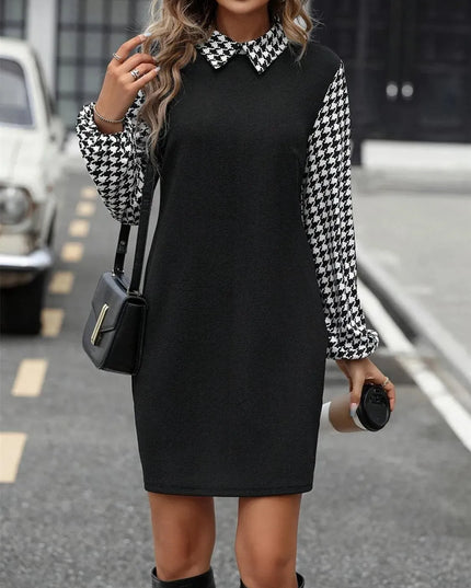 Houndstooth Collared Neck Long Sleeve Mini Dress