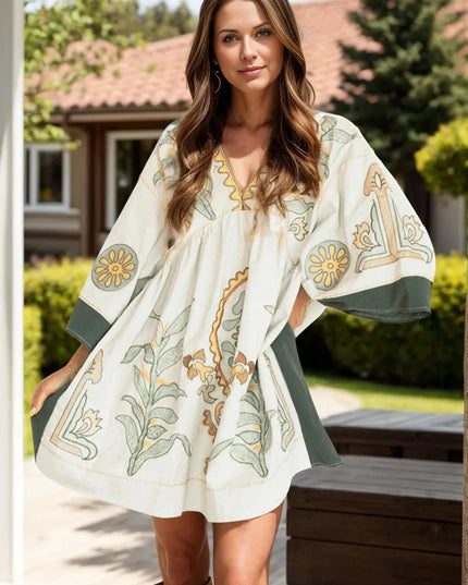 Printed V-Neck Three-Quarter Sleeve Mini Dress - ShopEasier