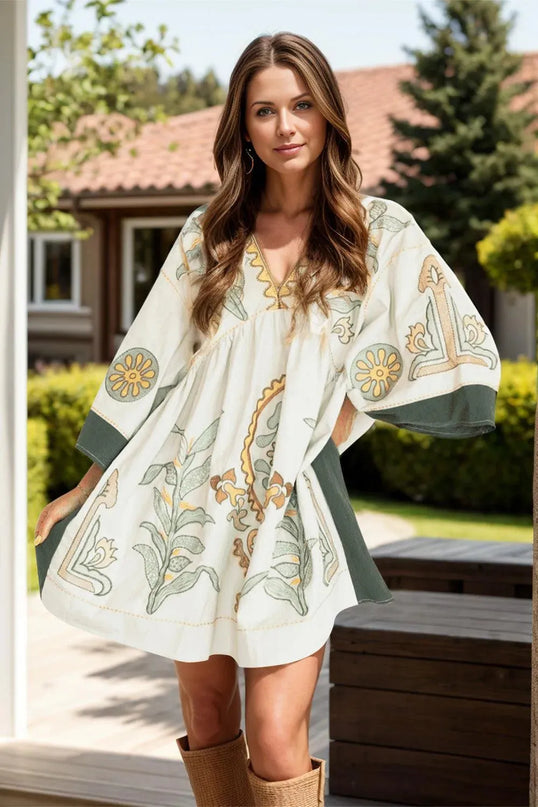 Printed V-Neck Three-Quarter Sleeve Mini Dress - ShopEasier