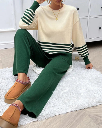 Chic Slit Striped Knit Top and Bottom Ensemble