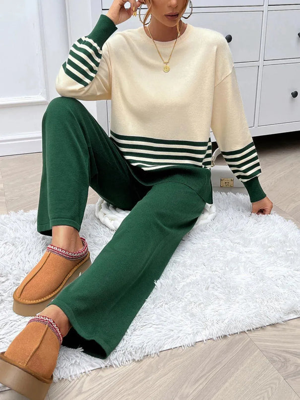 Chic Slit Striped Knit Top and Bottom Ensemble