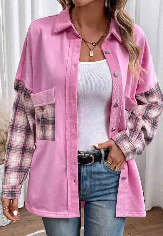 Plaid Button Up Shacket with Chest Pockets - ShopEasier