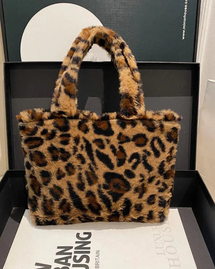 Leopard Print Fluff Zip-Up Handbag