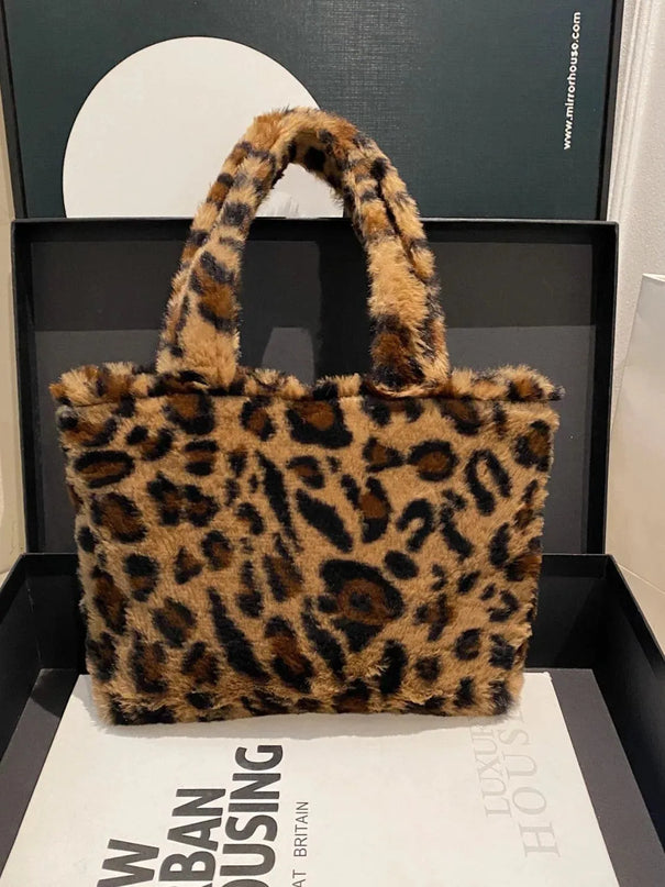 Leopard Print Fluff Zip-Up Handbag