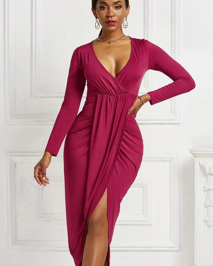 High-low Ruched Surplice Long Sleeve Dress