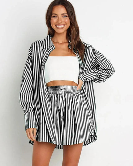 Striped Short Sleeve Button-Up Shirt and Shorts Combo Set