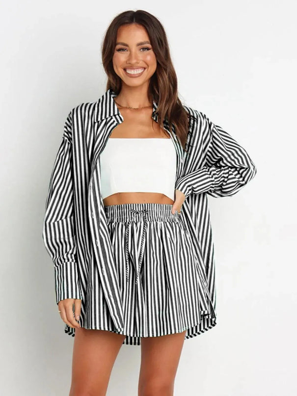 Striped Short Sleeve Button-Up Shirt and Shorts Combo Set