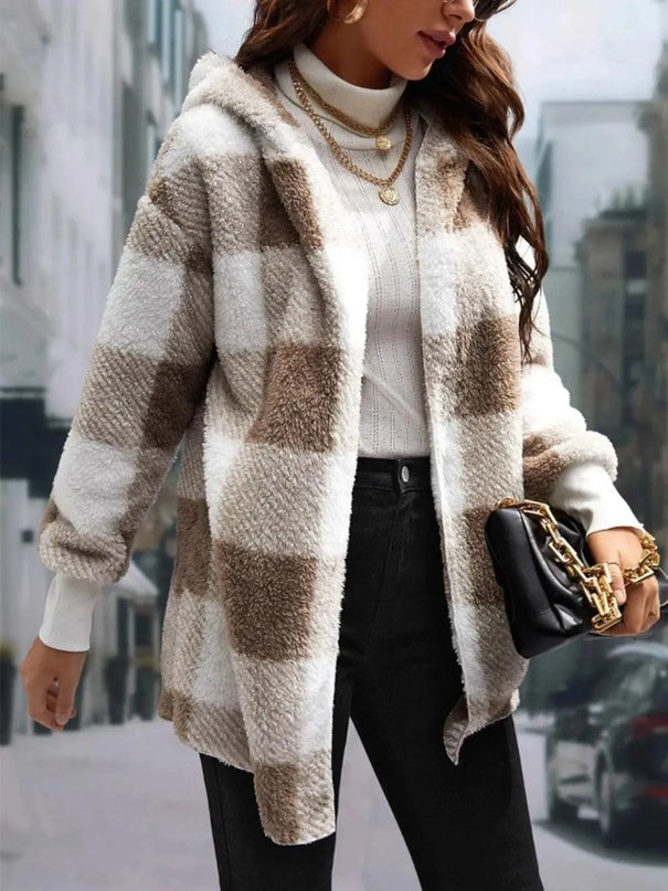 Plaid Long Sleeve Hooded Coat - ShopEasier