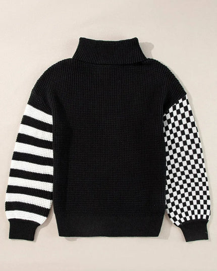 Colorful Striped Checkered Turtleneck Oversized Sweater