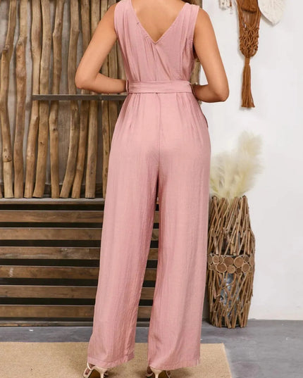 V-Neck Tie Waist Jumpsuit - ShopEasier