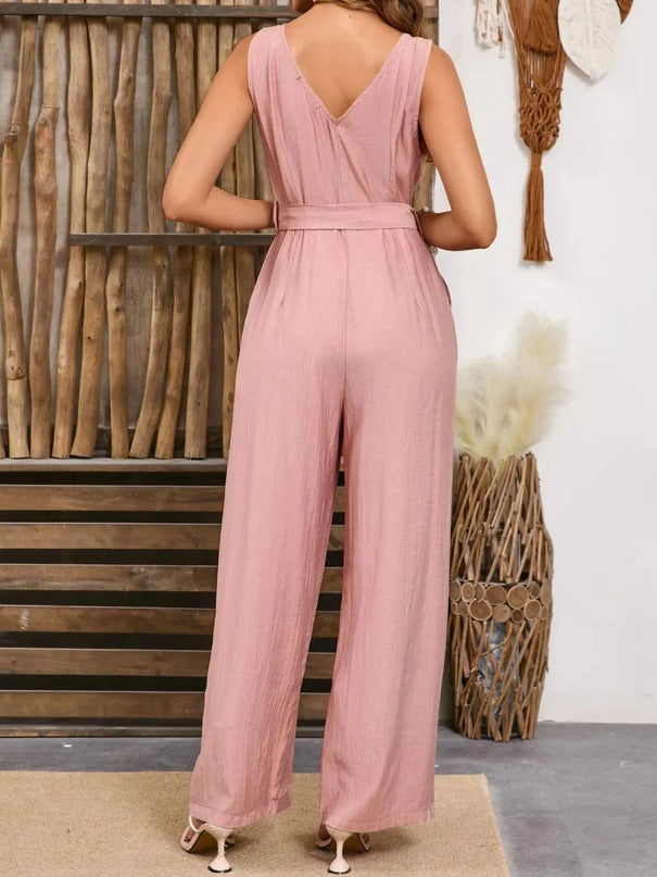 V-Neck Tie Waist Jumpsuit - ShopEasier