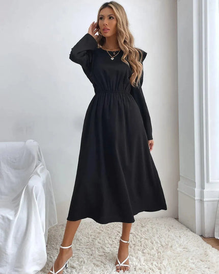 Ruched Ruffled Round Neck Long Sleeve Dress - ShopEasier