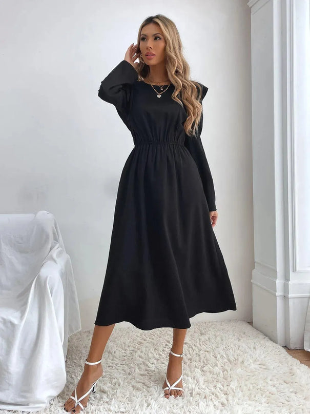 Ruched Ruffled Round Neck Long Sleeve Dress - ShopEasier