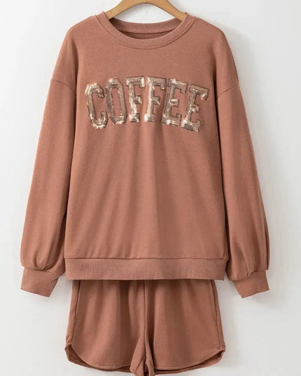 Sparkling Coffee Sequin Long Sleeve Top and Shorts Ensemble