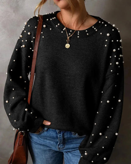 Elegant Pearl-Embellished Long Sleeve Knit Sweater