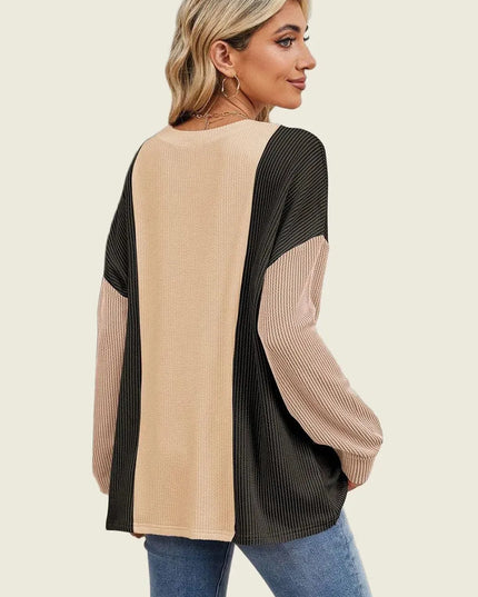 Textured Contrast Long Sleeve Round Neck Tee