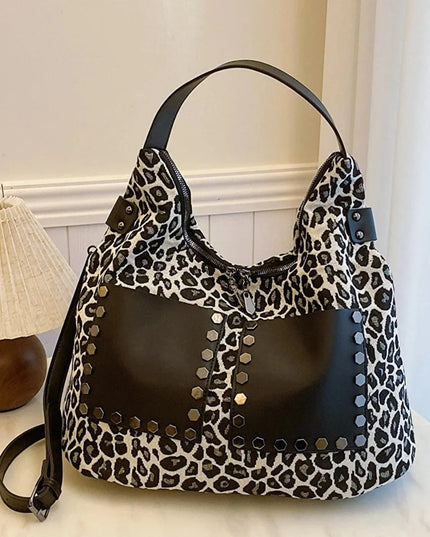 Leopard Polyester Shoulder Bag with Zippers