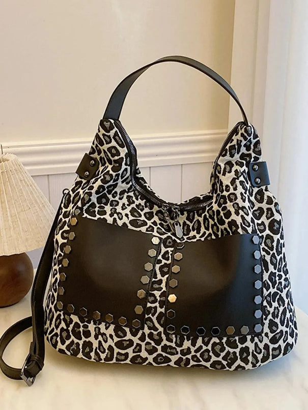 Bolso bandolera de poliéster con estampado de leopardo y cremalleras