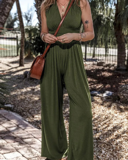 V-Neck Sleeveless Wide Leg Jumpsuit - ShopEasier