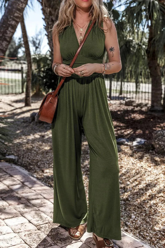 V-Neck Sleeveless Wide Leg Jumpsuit - ShopEasier