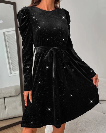 Glitter Round Neck Puff Sleeve Dress