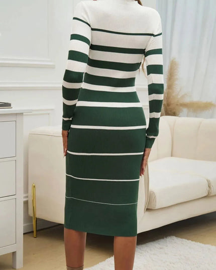 Devine Color Block Round Neck Long Sleeve Midi Dress - ShopEasier