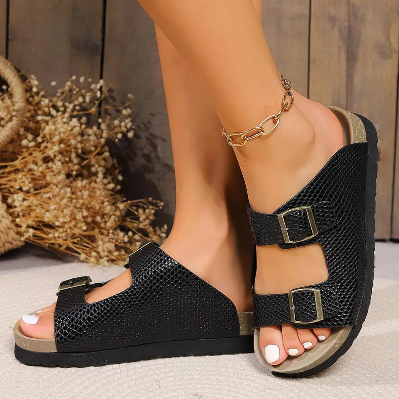 Stylish PU Leather Flat Buckle Sandals