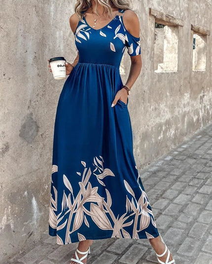 Printed Cold Shoulder Short Sleeve Maxi Dress