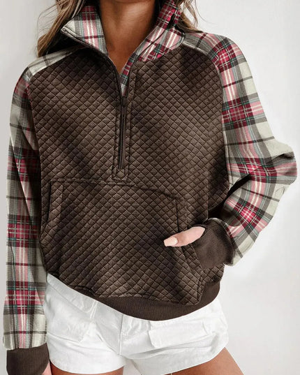 Plaid Half Zip Kangaroo Pocket Sweatshirt - ShopEasier