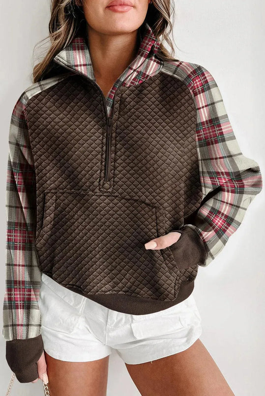 Plaid Half Zip Kangaroo Pocket Sweatshirt - ShopEasier