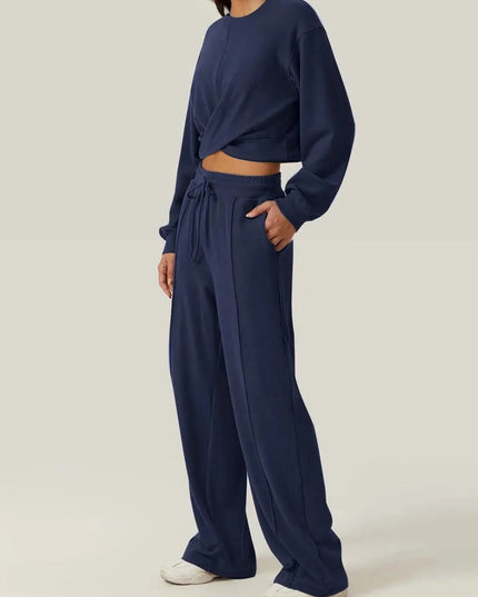 Crisscross Round Neck Top and Drawstring Pants Set - ShopEasier