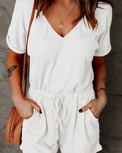 Full Size Drawstring V-Neck Short Sleeve Romper - ShopEasier