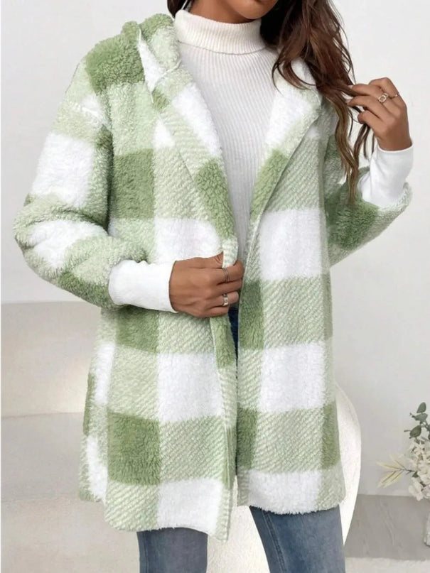 Plaid Long Sleeve Hooded Coat - ShopEasier