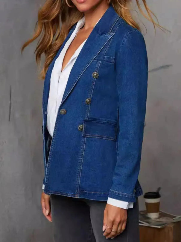 Collared Neck Long Sleeve Denim Jacket - ShopEasier