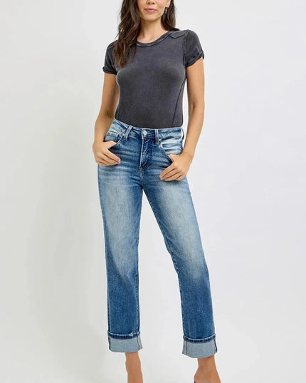 RISEN Full Size High Rise Crop Straight Roll Up Jeans - ShopEasier