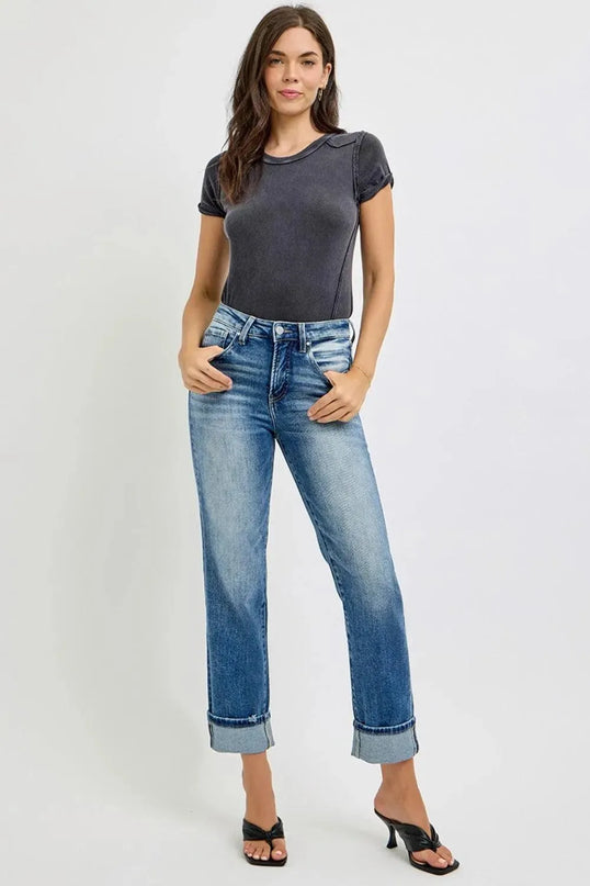 RISEN Full Size High Rise Crop Straight Roll Up Jeans - ShopEasier