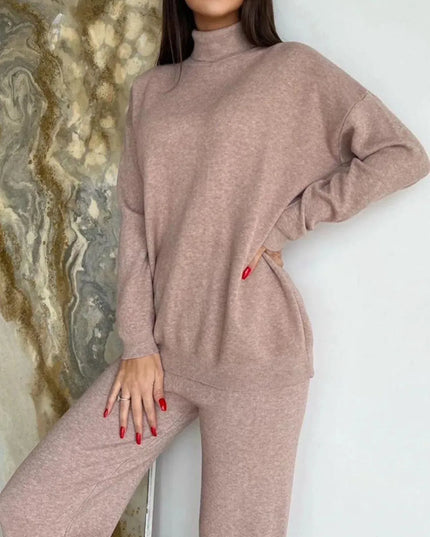 Turtleneck Long Sleeve Top and Drawstring Pants Sweater Set - ShopEasier