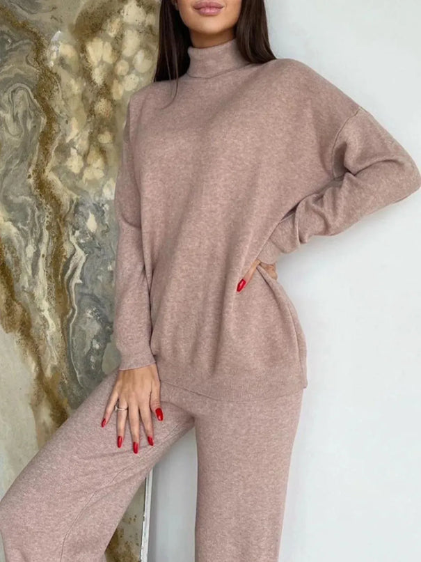 Turtleneck Long Sleeve Top and Drawstring Pants Sweater Set - ShopEasier