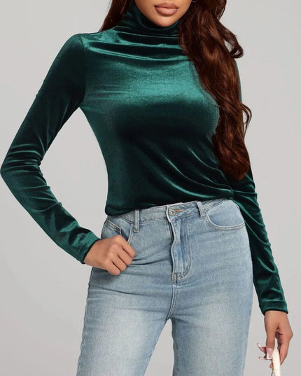 Sleek Solid Color Turtleneck Long Sleeve Top