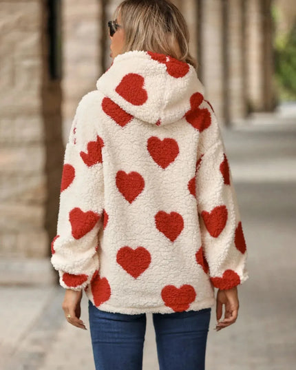 Fuzzy Heart Pocketed Dropped Shoulder Hoodie - ShopEasier